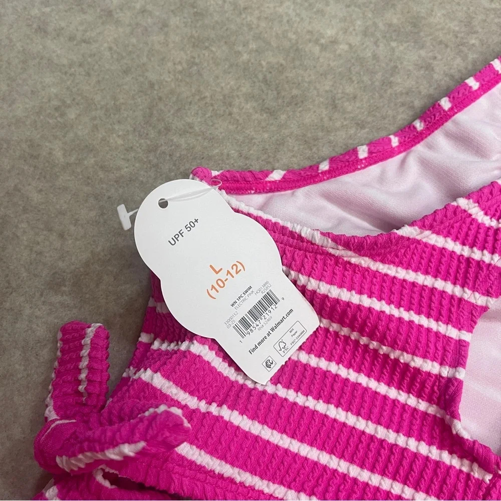 Wonder Nation Pink White Stripes Ribbed Cutout Bow Tie Sides Swimsuit Girls size